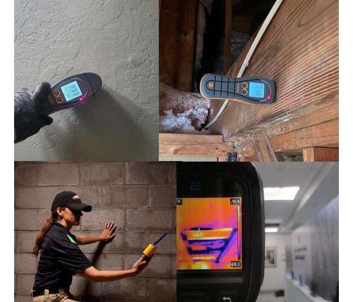 Shows four photos. Moisture meter, Top right shows meter with prongs, Woman with Thermohygrometer & thermal reader