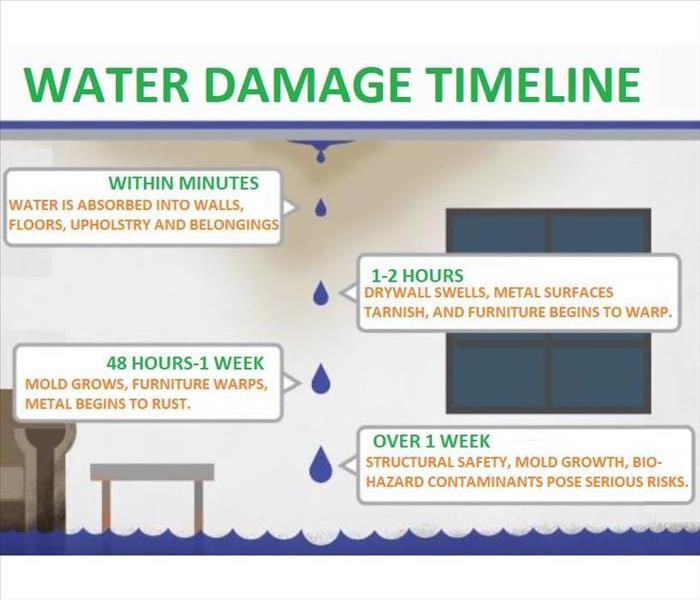 Water Damage Timeline shows water dripping and filling floor. sofa in the background