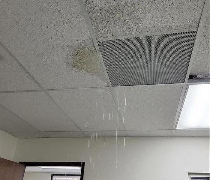 Shows white ceiling with water dripping from ceiling tiles and vent. 