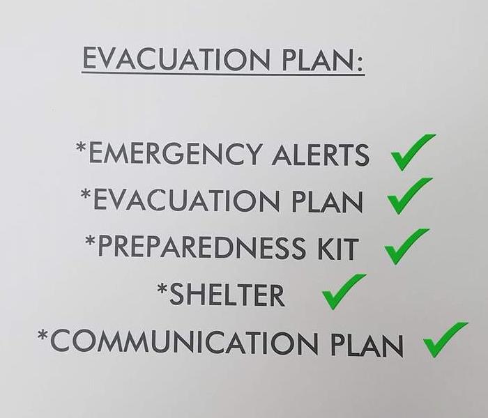 Photo on SERVPRO Letterhead showing a list of evacuation plan. Emergency Alerts, Svacuation plan, Prepardeness Kit, Shelter
