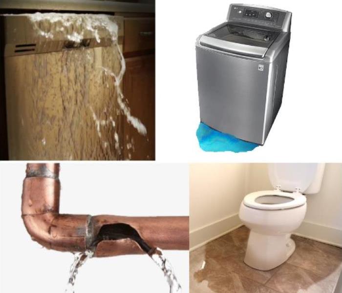 four pictures of a dishwasher overflowing, washing machine with puddle, pipe leak and toilet with puddle