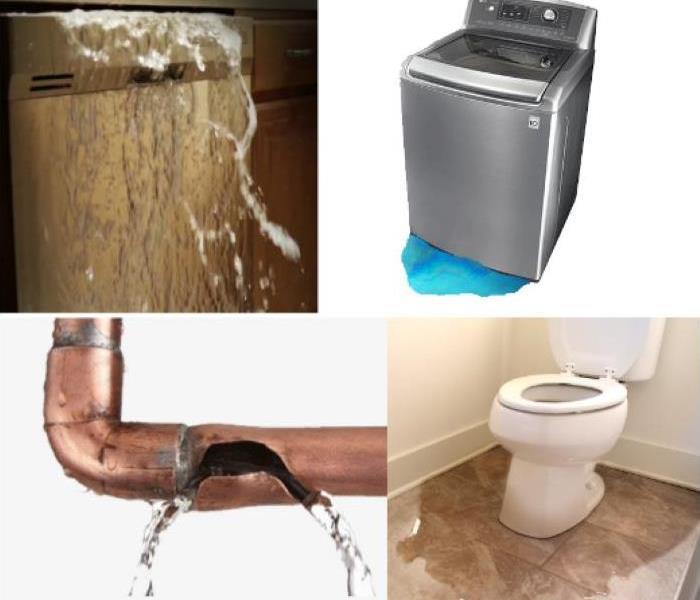 the image is cut into four squares; leaking dishwasher; leaking washer; leaking pipe; leaking toilet